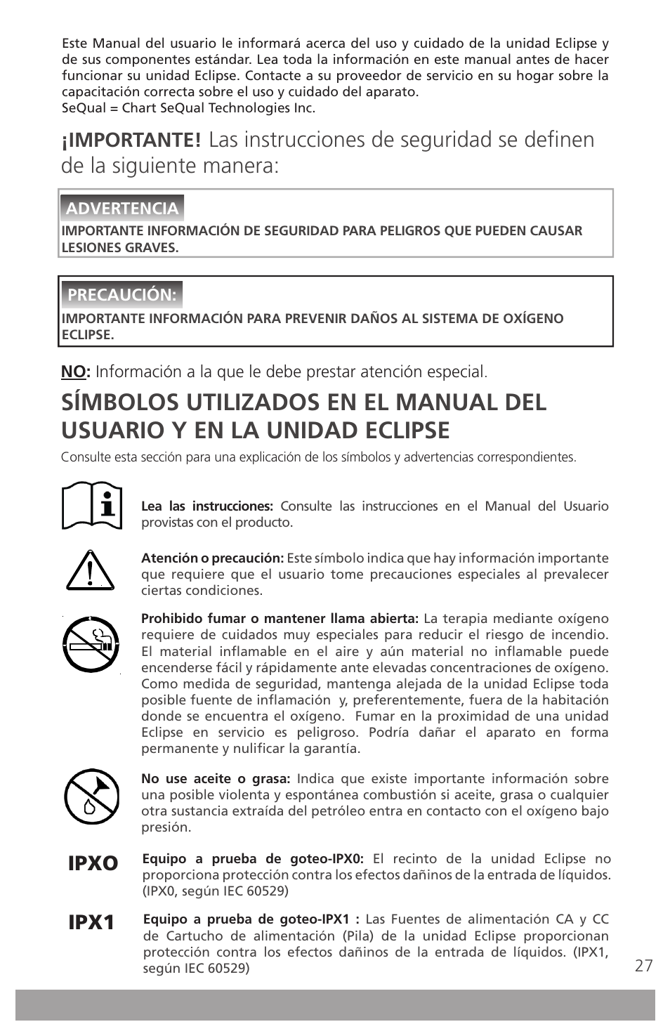 Ipxo, Ipx1, Importante | AirSep 4111-7 User Manual | Page 27 / 95