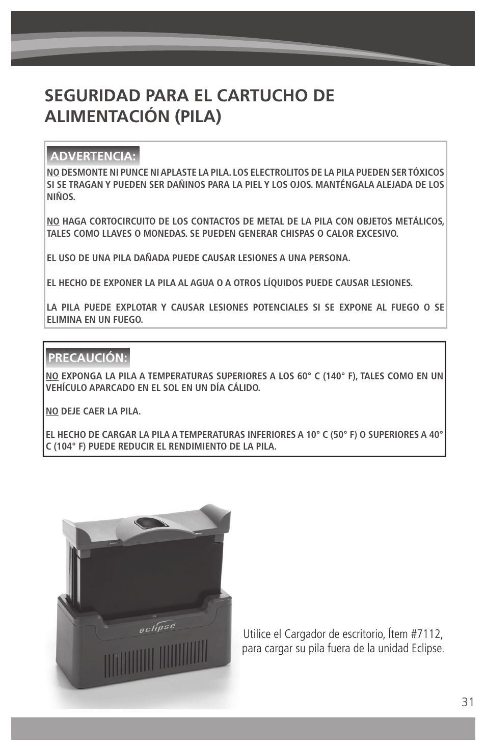 Seguridad para el cartucho de alimentación (pila) | AirSep 4111-7 User Manual | Page 31 / 95