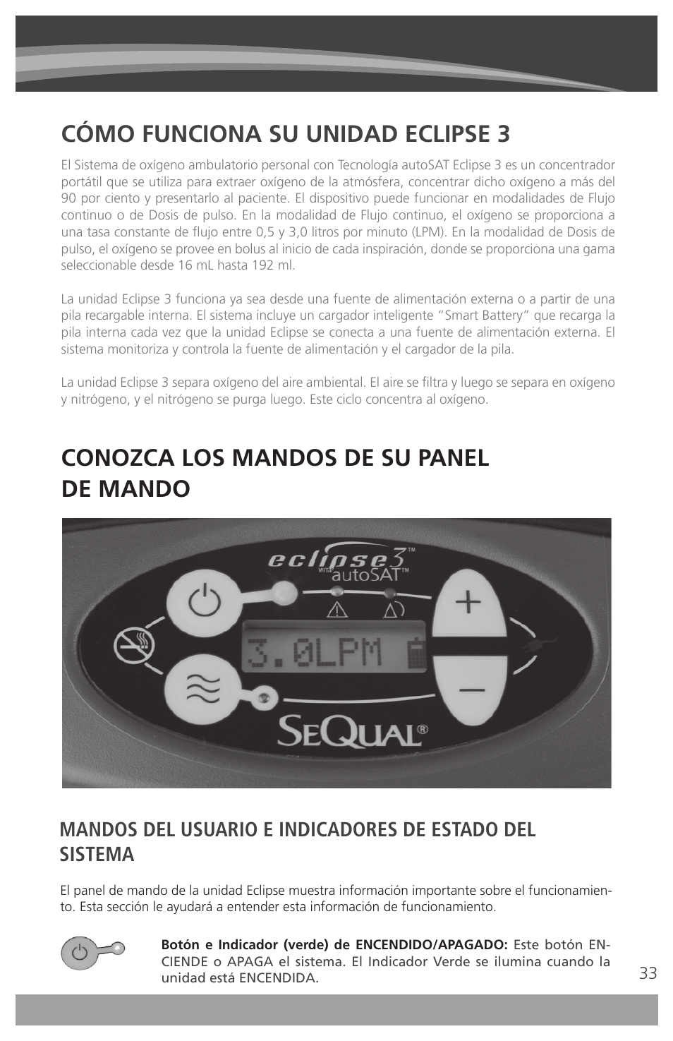 Cómo funciona su unidad eclipse 3, Conozca los mandos de su panel de mando | AirSep 4111-7 User Manual | Page 33 / 95