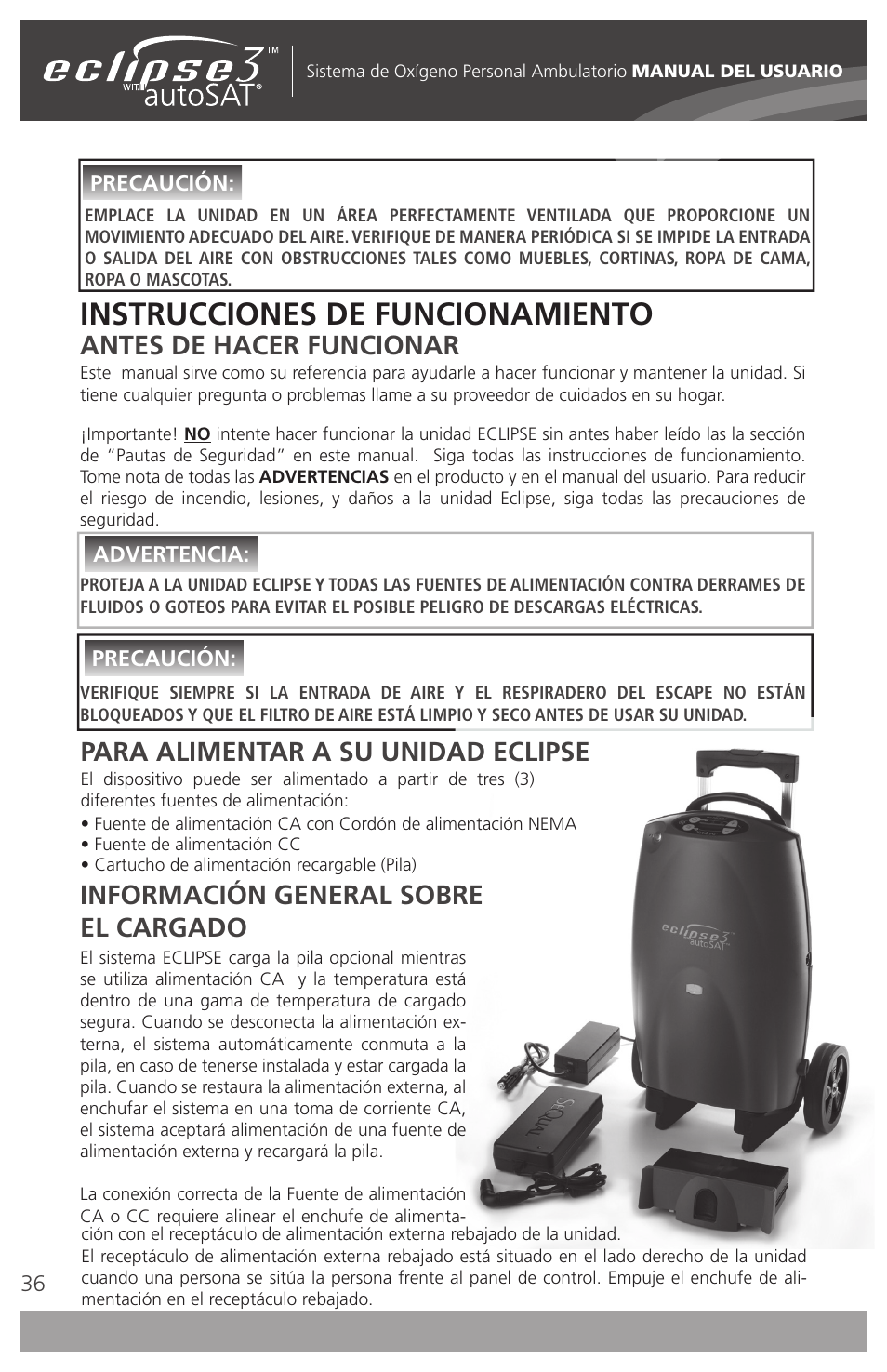 Instrucciones de funcionamiento, Antes de hacer funcionar | AirSep 4111-7 User Manual | Page 36 / 95