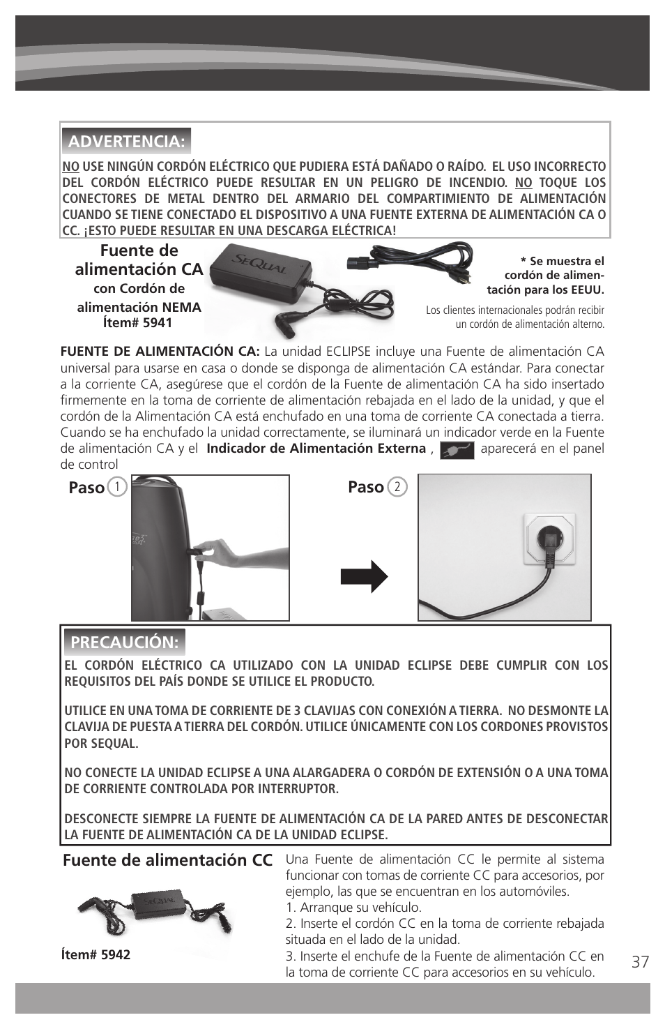 37 fuente de alimentación ca, Advertencia: paso paso, Precaución | Fuente de alimentación cc | AirSep 4111-7 User Manual | Page 37 / 95