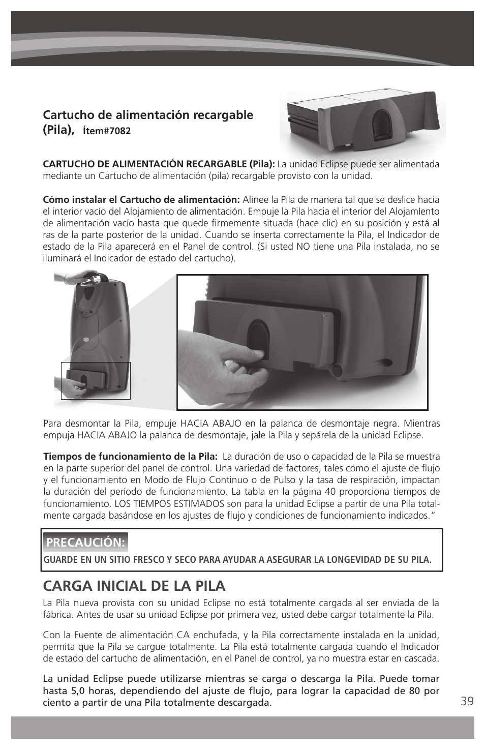 Carga inicial de la pila | AirSep 4111-7 User Manual | Page 39 / 95