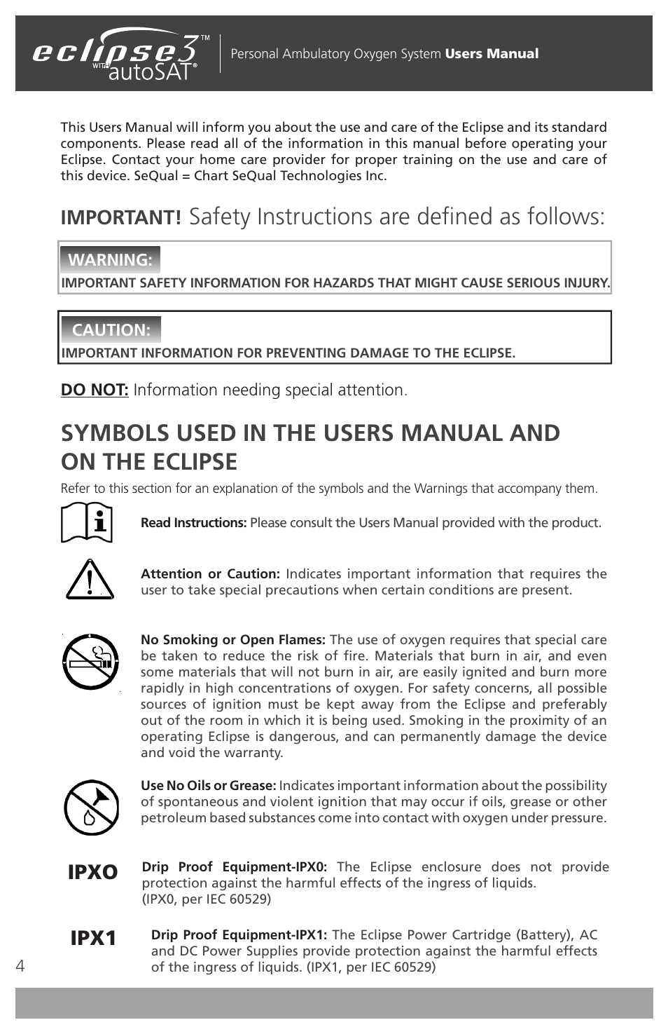 Safety instructions are defined as follows, Ipx1, Ipxo | Important | AirSep 4111-7 User Manual | Page 4 / 95