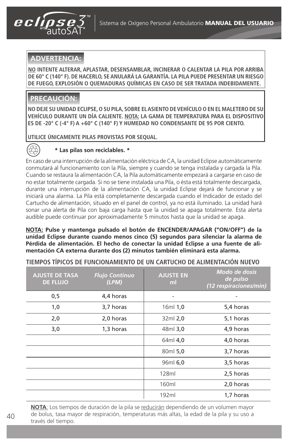 Advertencia, Precaución | AirSep 4111-7 User Manual | Page 40 / 95
