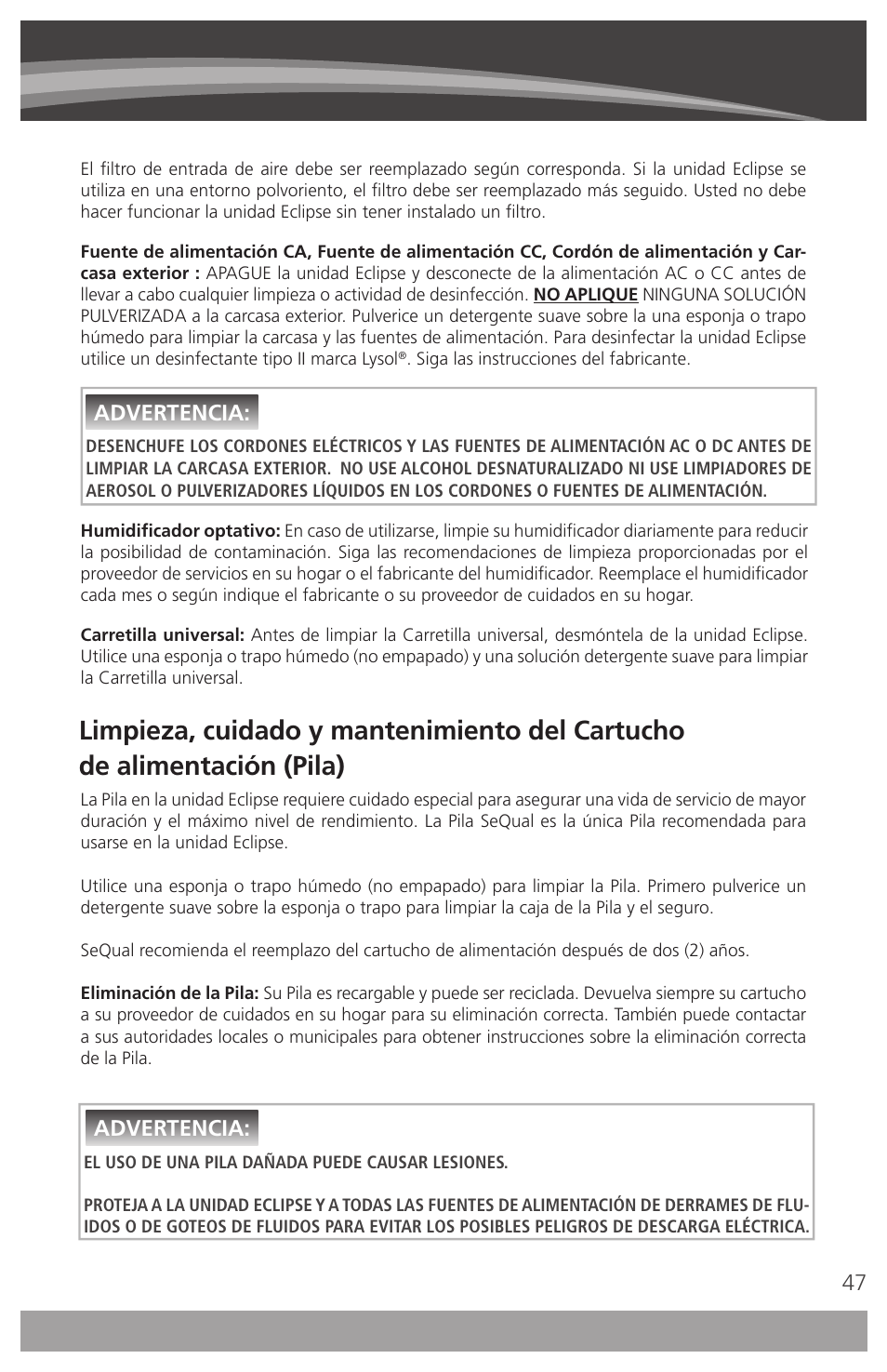Advertencia | AirSep 4111-7 User Manual | Page 47 / 95