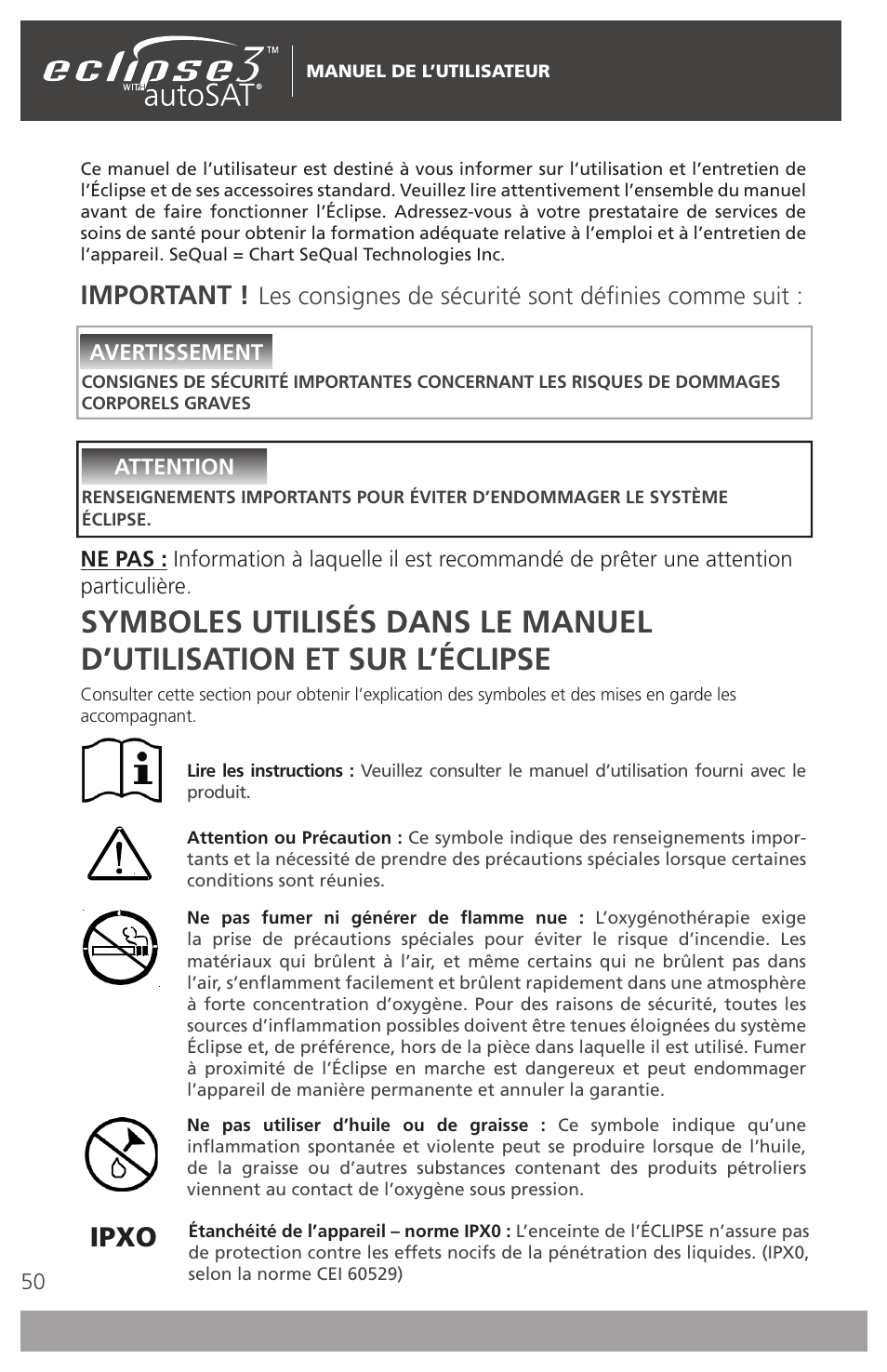 Ipxo, Important, Les consignes de sécurité sont définies comme suit | AirSep 4111-7 User Manual | Page 50 / 95