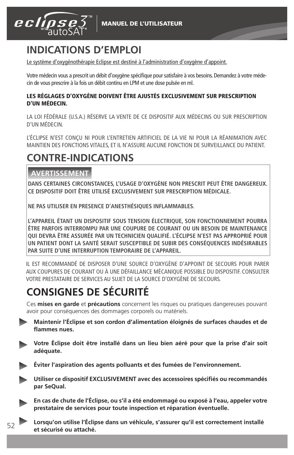 Consignes de sécurité, Indications d’emploi, Contre-indications | AirSep 4111-7 User Manual | Page 52 / 95
