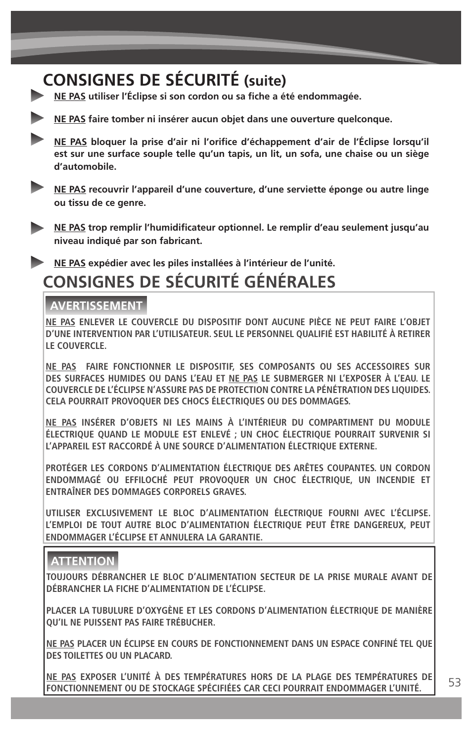 Consignes de sécurité générales, Consignes de sécurité, Suite) | AirSep 4111-7 User Manual | Page 53 / 95