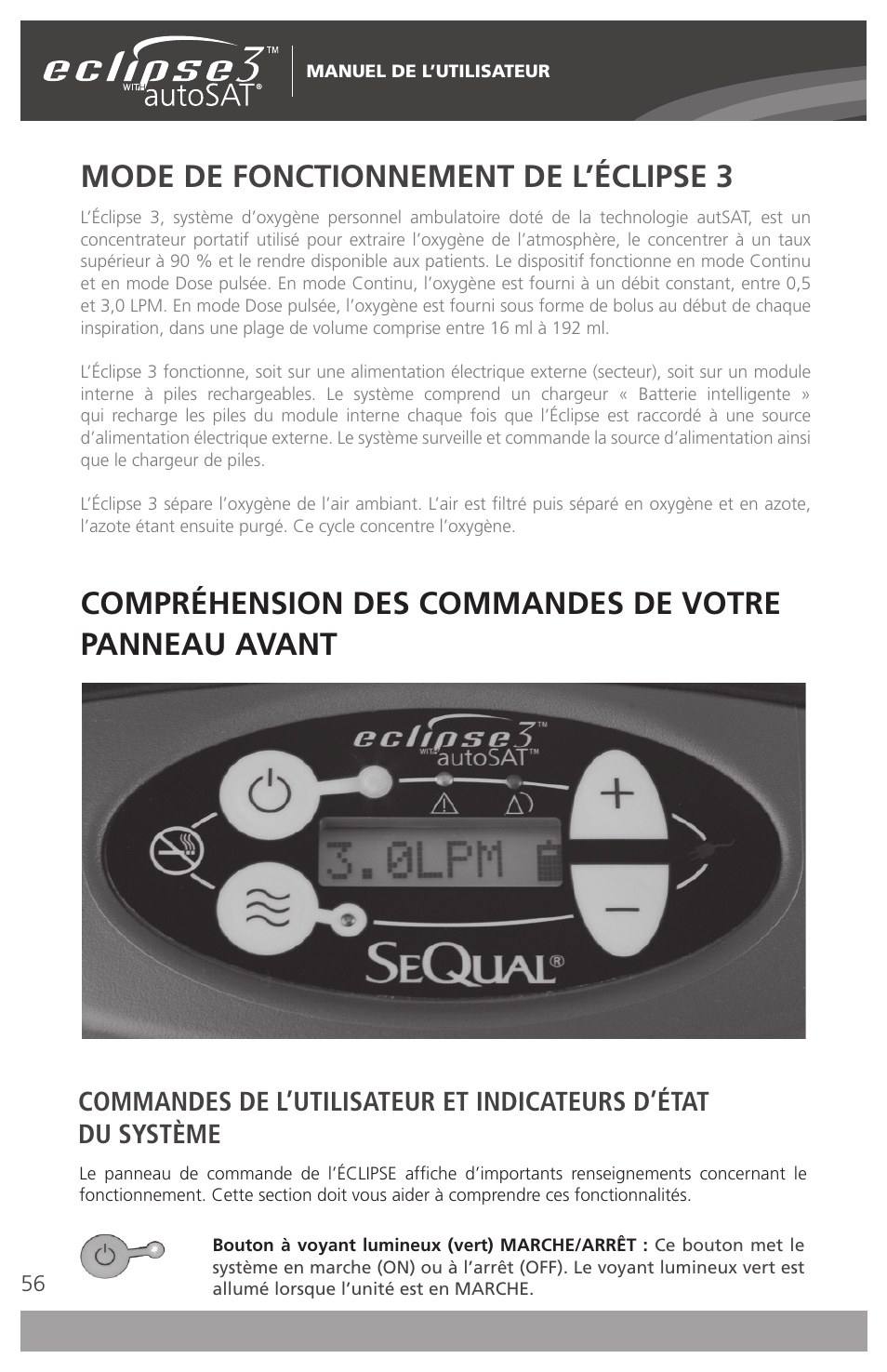 Mode de fonctionnement de l’éclipse 3, Compréhension des commandes de votre panneau avant | AirSep 4111-7 User Manual | Page 56 / 95