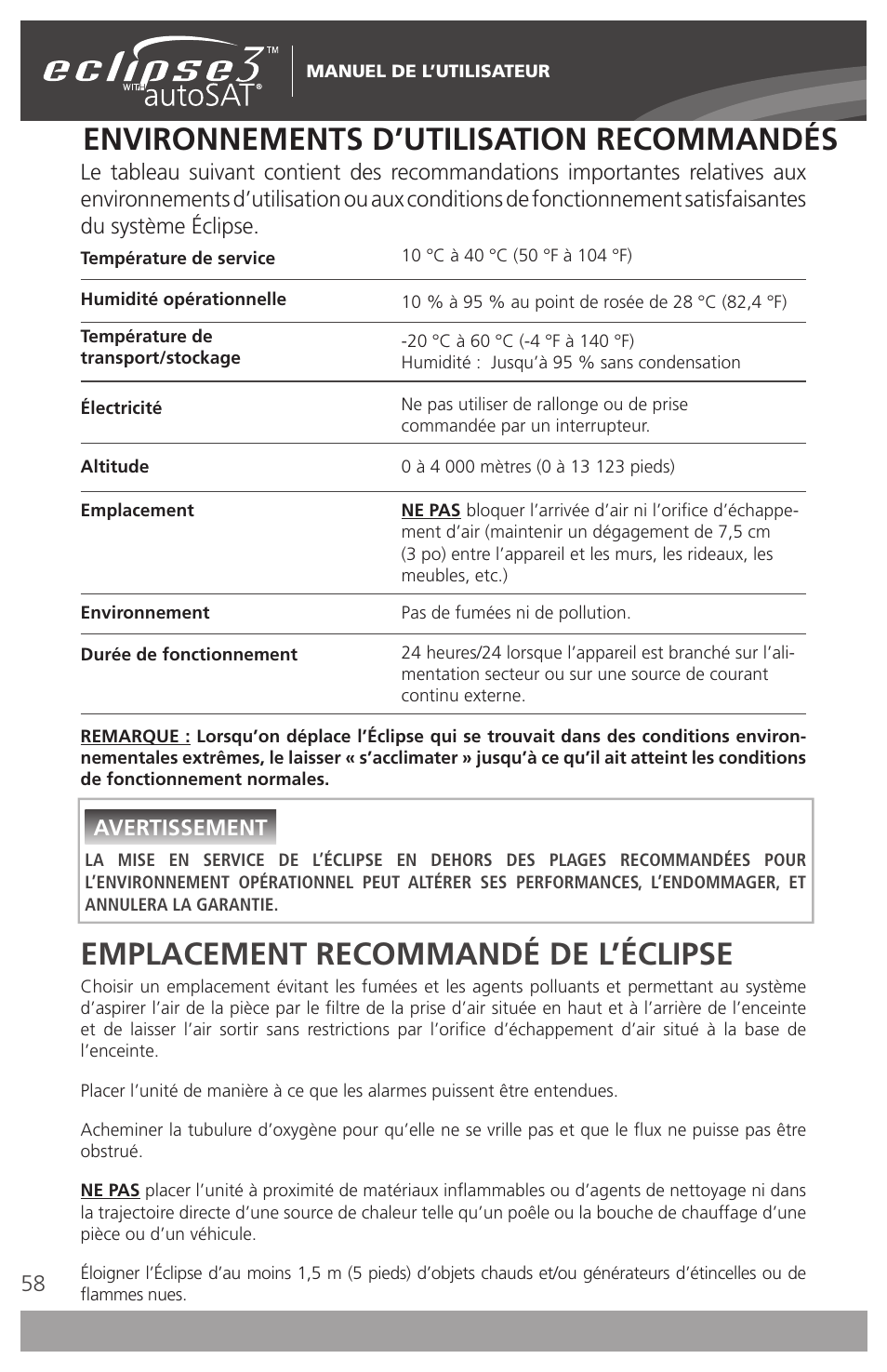 Environnements d’utilisation recommandés, Emplacement recommandé de l’éclipse, Avertissement | AirSep 4111-7 User Manual | Page 58 / 95