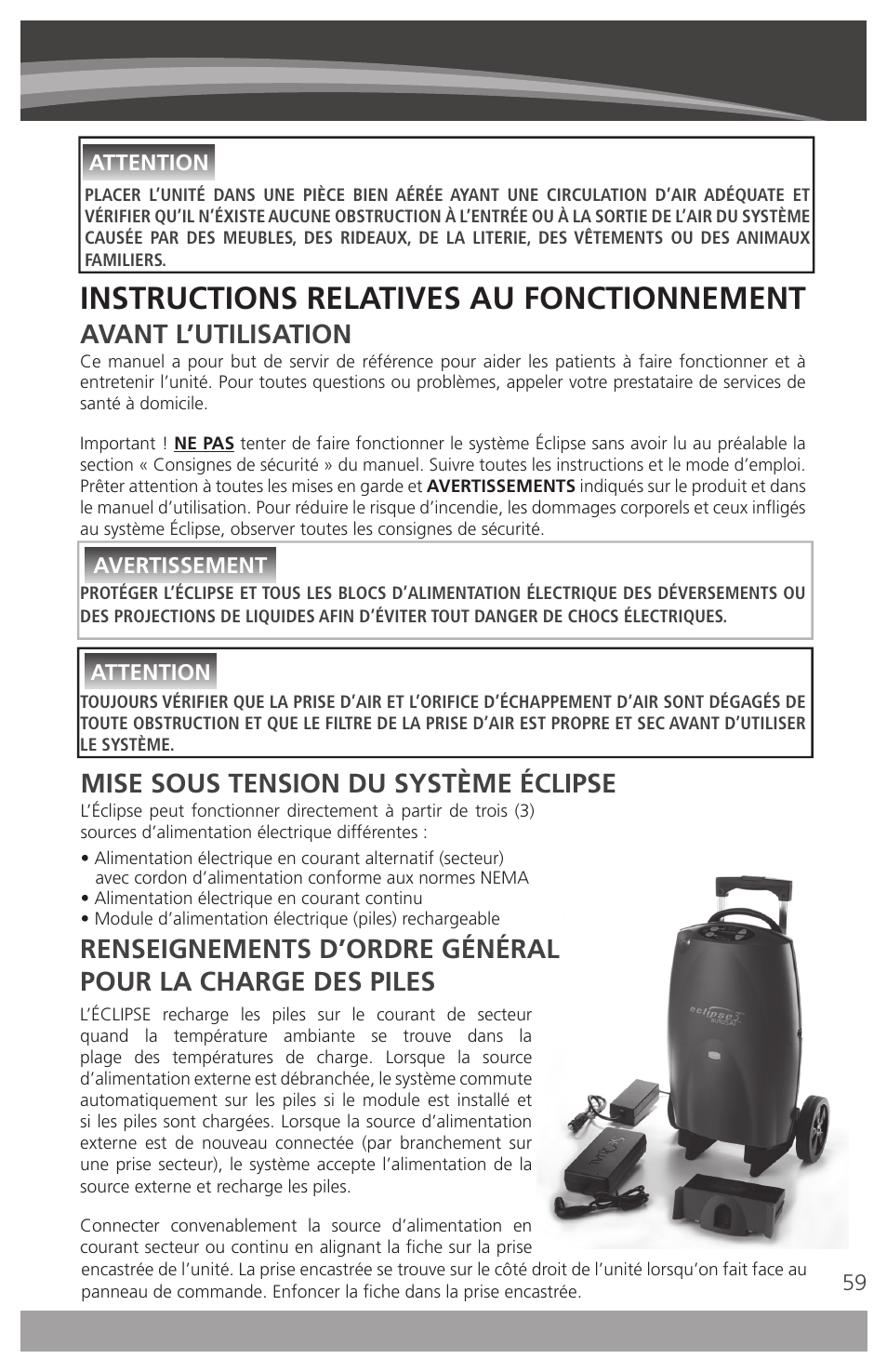 Instructions relatives au fonctionnement, Avant l’utilisation | AirSep 4111-7 User Manual | Page 59 / 95