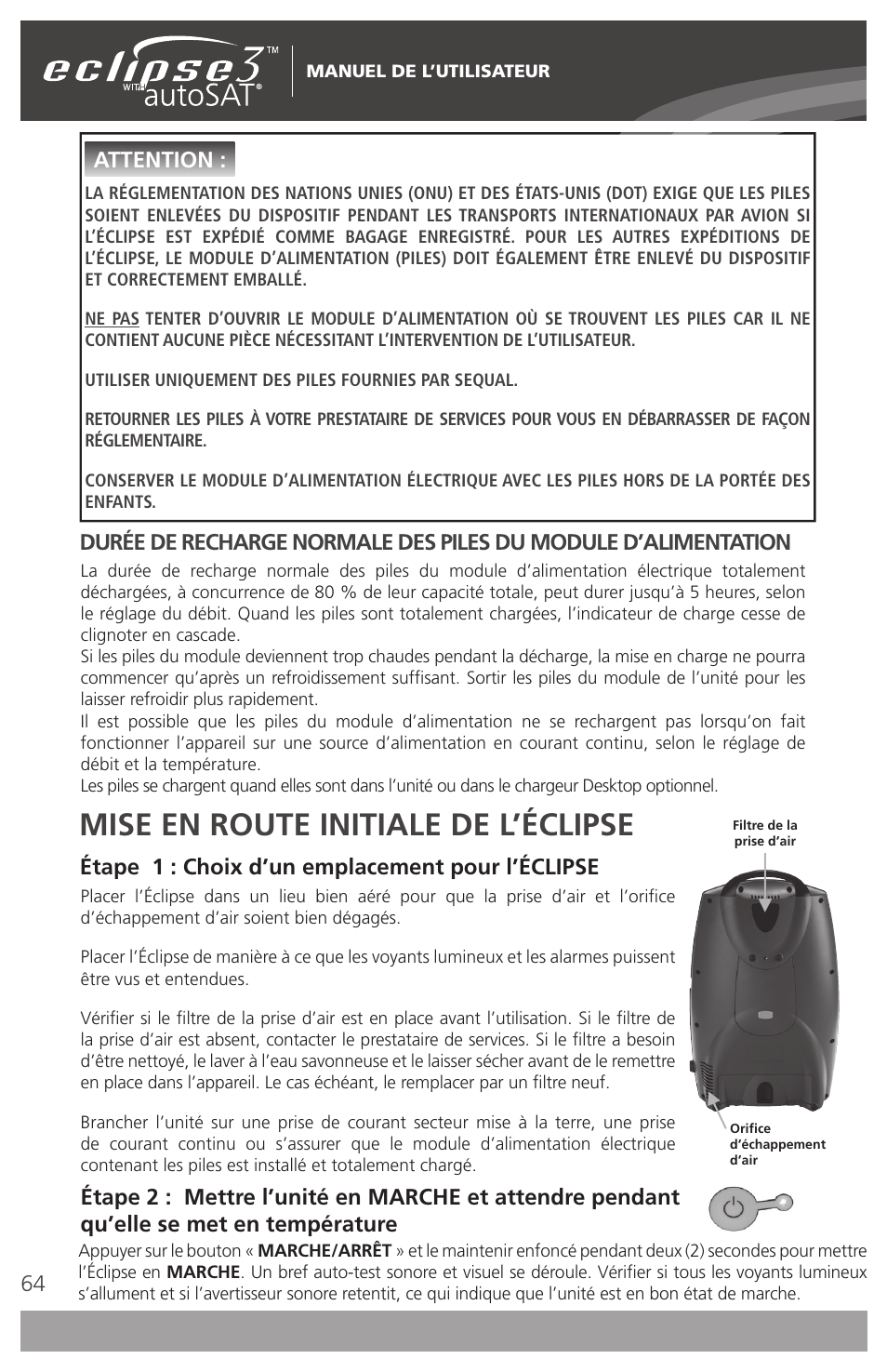 Mise en route initiale de l’éclipse, Étape 1 : choix d’un emplacement pour l’éclipse, Attention | AirSep 4111-7 User Manual | Page 64 / 95