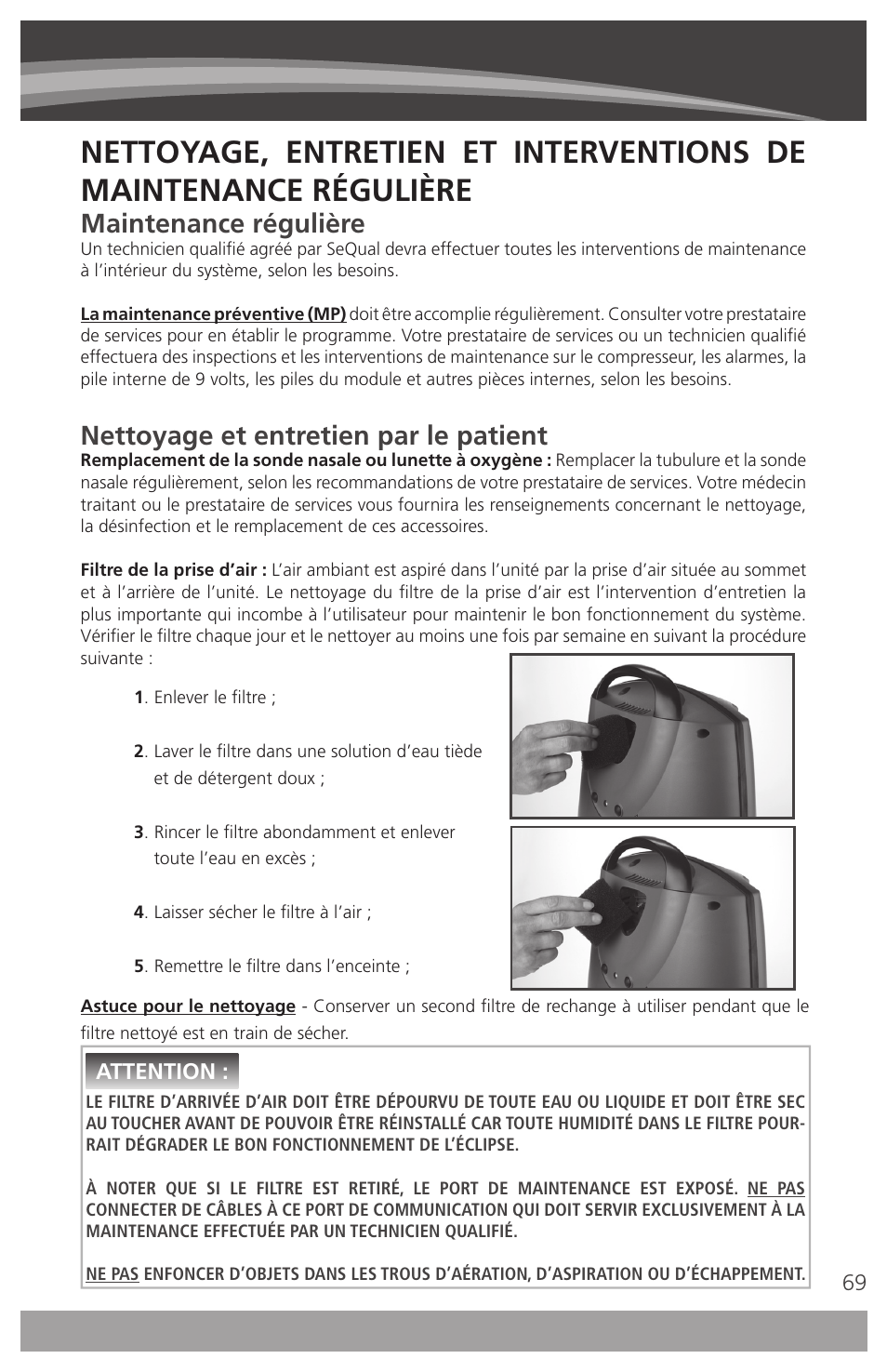 Maintenance régulière, Nettoyage et entretien par le patient | AirSep 4111-7 User Manual | Page 69 / 95