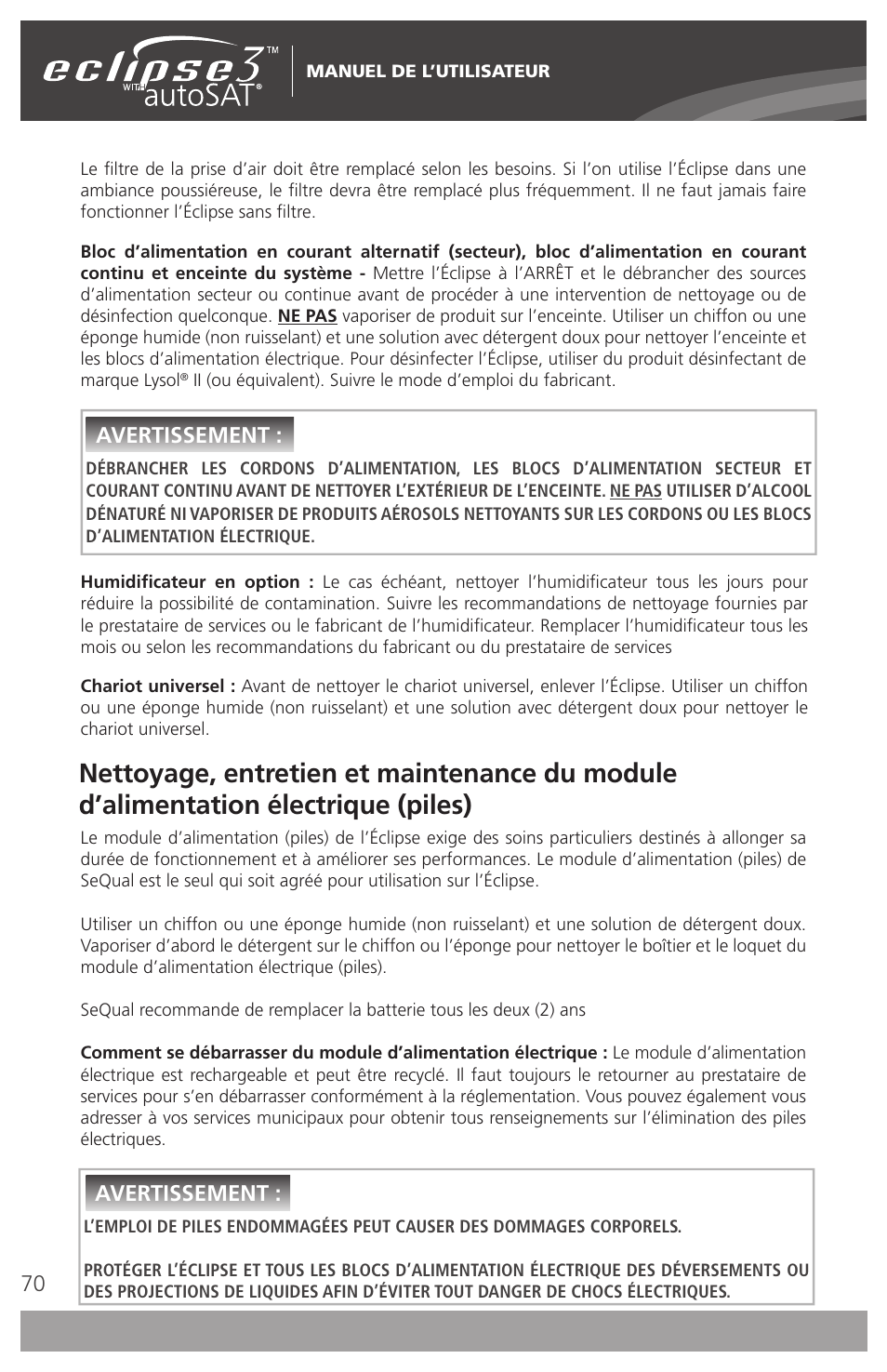 Avertissement | AirSep 4111-7 User Manual | Page 70 / 95