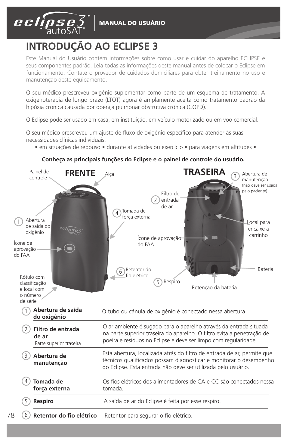 Introdução ao eclipse 3, Traseira, Frente | AirSep 4111-7 User Manual | Page 78 / 95