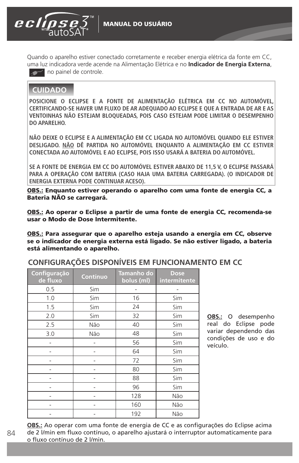 Cuidado available uses, Configurações disponíveis em funcionamento em cc | AirSep 4111-7 User Manual | Page 84 / 95