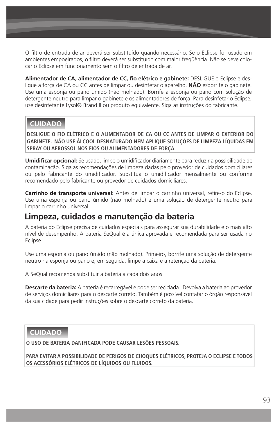 Limpeza, cuidados e manutenção da bateria, Cuidado | AirSep 4111-7 User Manual | Page 93 / 95