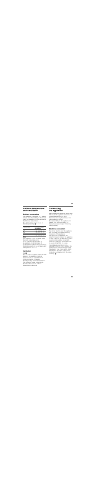 Ambient temperature and ventilation, Ambient temperature, Ventilation | Connecting the appliance, Electrical connection, Ntilation | Neff K5897X4 User Manual | Page 25 / 86