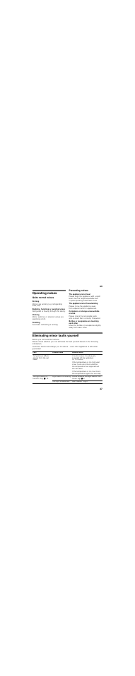 Operating noises, Quite normal noises, Droning | Bubbling, humming or gurgling noises, Clicking, Cracking, Preventing noises, The appliance is not level, The appliance is not free-standing, Containers or storage areas wobble or stick | Neff K5897X4 User Manual | Page 37 / 86