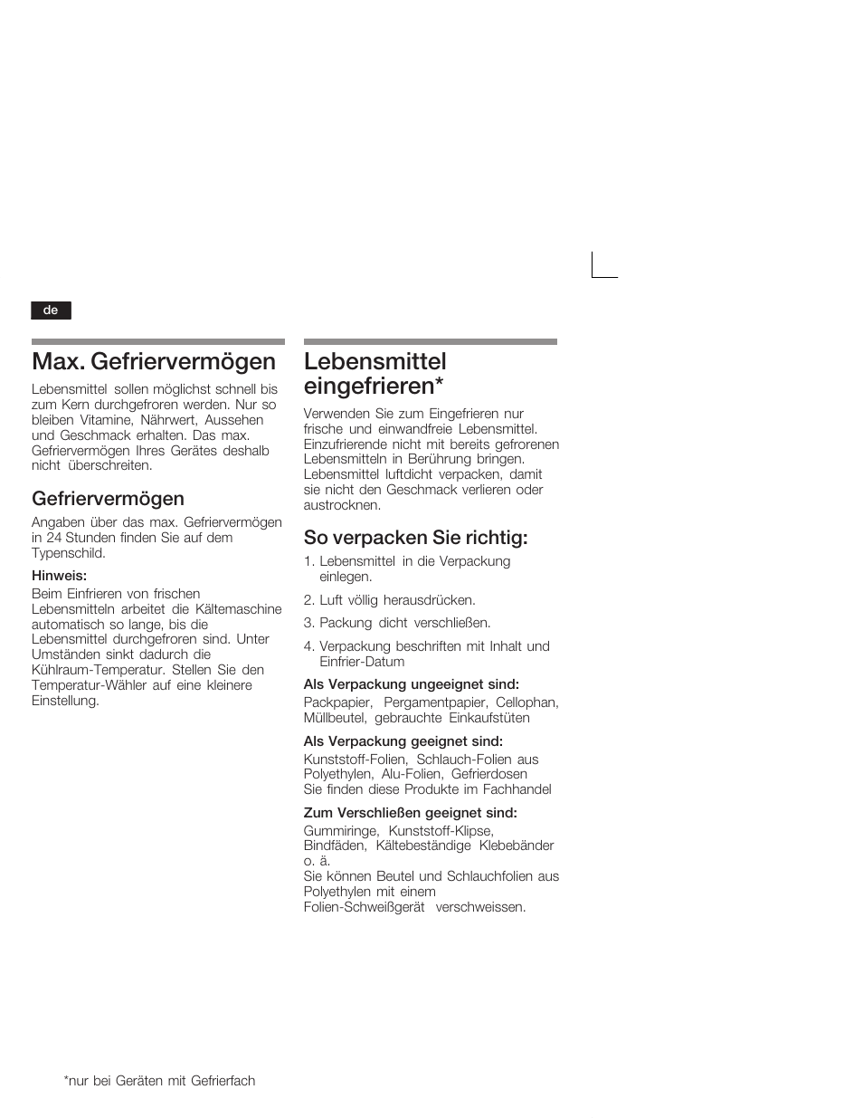 Max. gefriervermögen, Lebensmittel eingefrieren, Gefriervermögen | So verpacken sie richtig | Bosch KIL18V20FF Réfrigérateur intégrable Confort Fixation de porte par glissières User Manual | Page 10 / 74