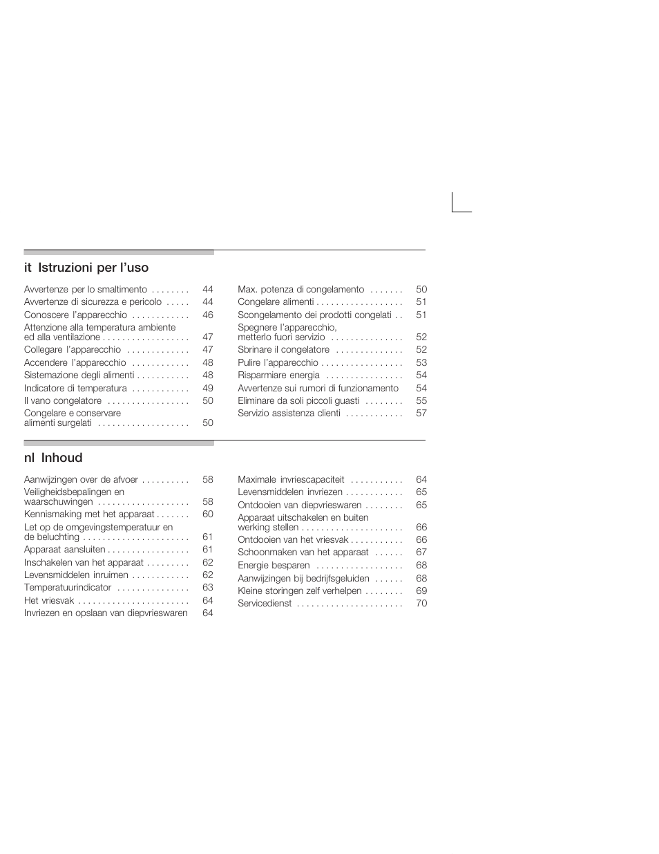 Itąistruzioni per l'uso, Nląinhoud | Bosch KIL18V20FF Réfrigérateur intégrable Confort Fixation de porte par glissières User Manual | Page 3 / 74