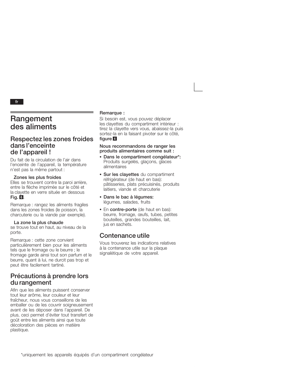 Rangement des aliments, Précautions à prendre lors du rangement, Contenance utile | Bosch KIL18V20FF Réfrigérateur intégrable Confort Fixation de porte par glissières User Manual | Page 34 / 74