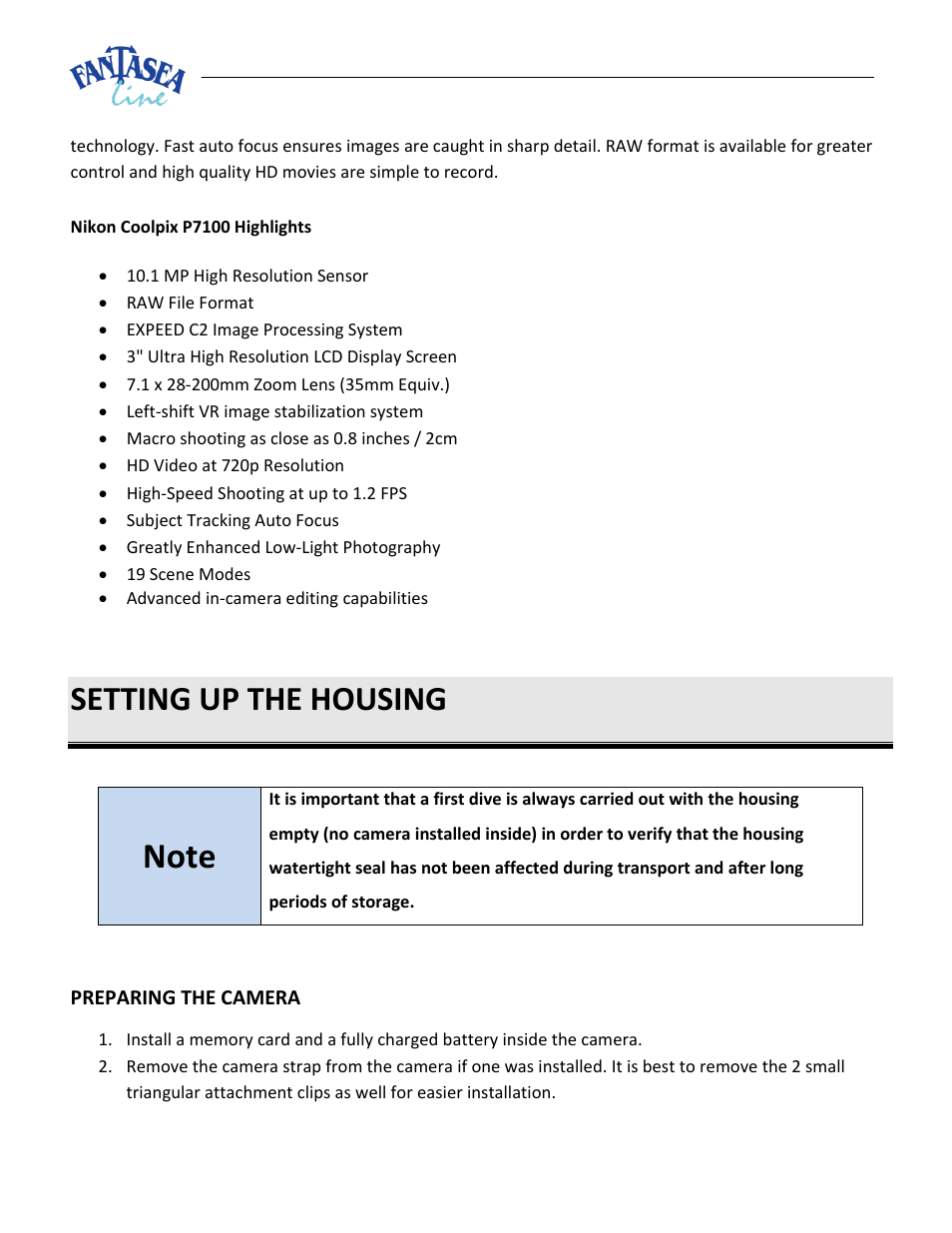 Setting up the housing, Reparing the, Amera | Fantasea Line FP7100 Housing User Manual | Page 12 / 24