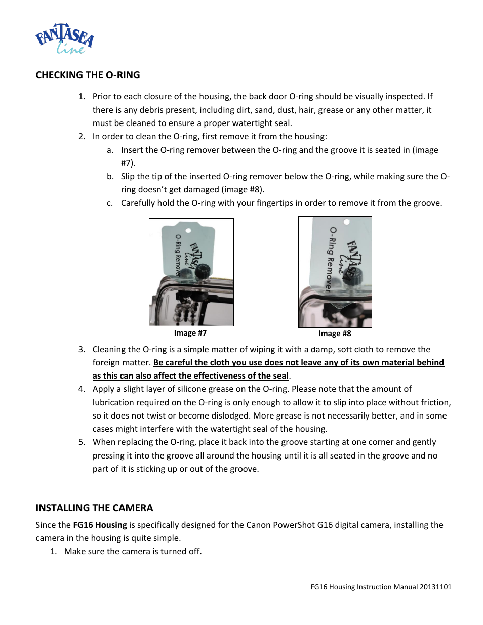 Hecking the, Nstalling, Amera | Fantasea Line FG16 Housing User Manual | Page 15 / 24