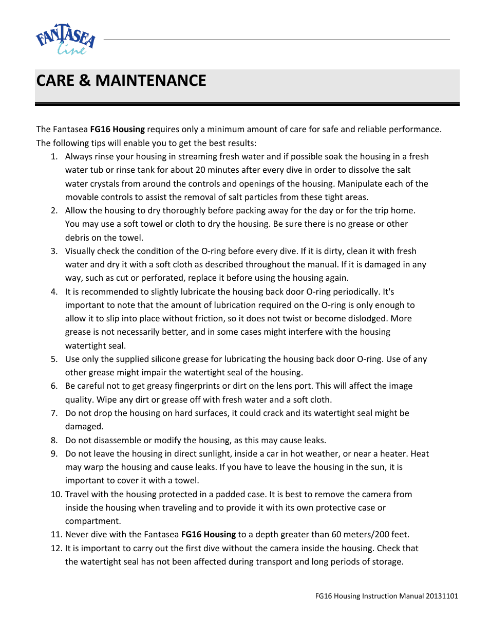 Care & maintenance | Fantasea Line FG16 Housing User Manual | Page 23 / 24
