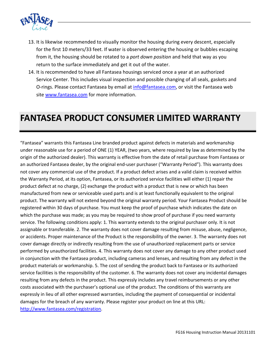 Fantasea product consumer limited warranty | Fantasea Line FG16 Housing User Manual | Page 24 / 24