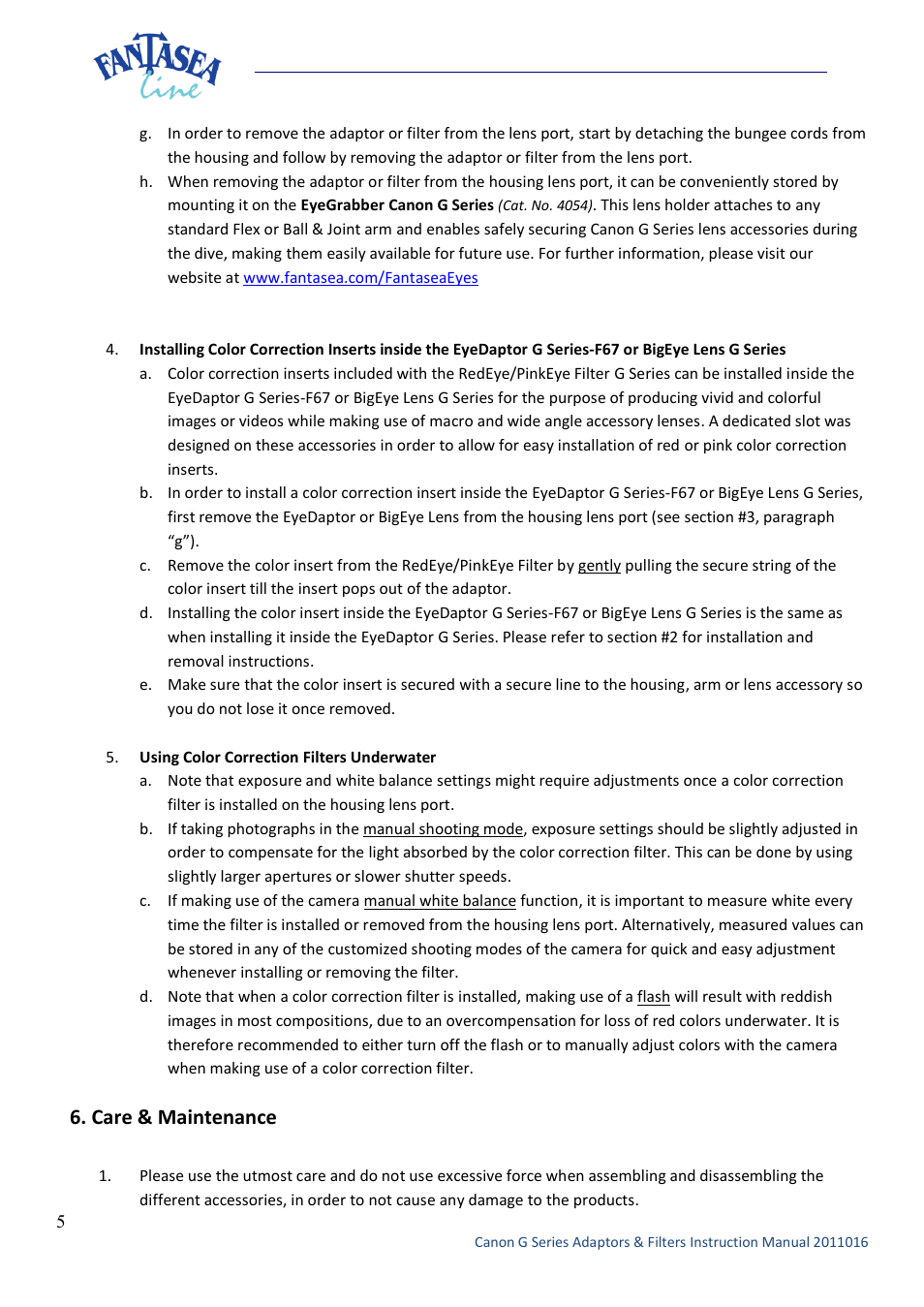 Care & maintenance | Fantasea Line G Series RedEye Filter User Manual | Page 5 / 6