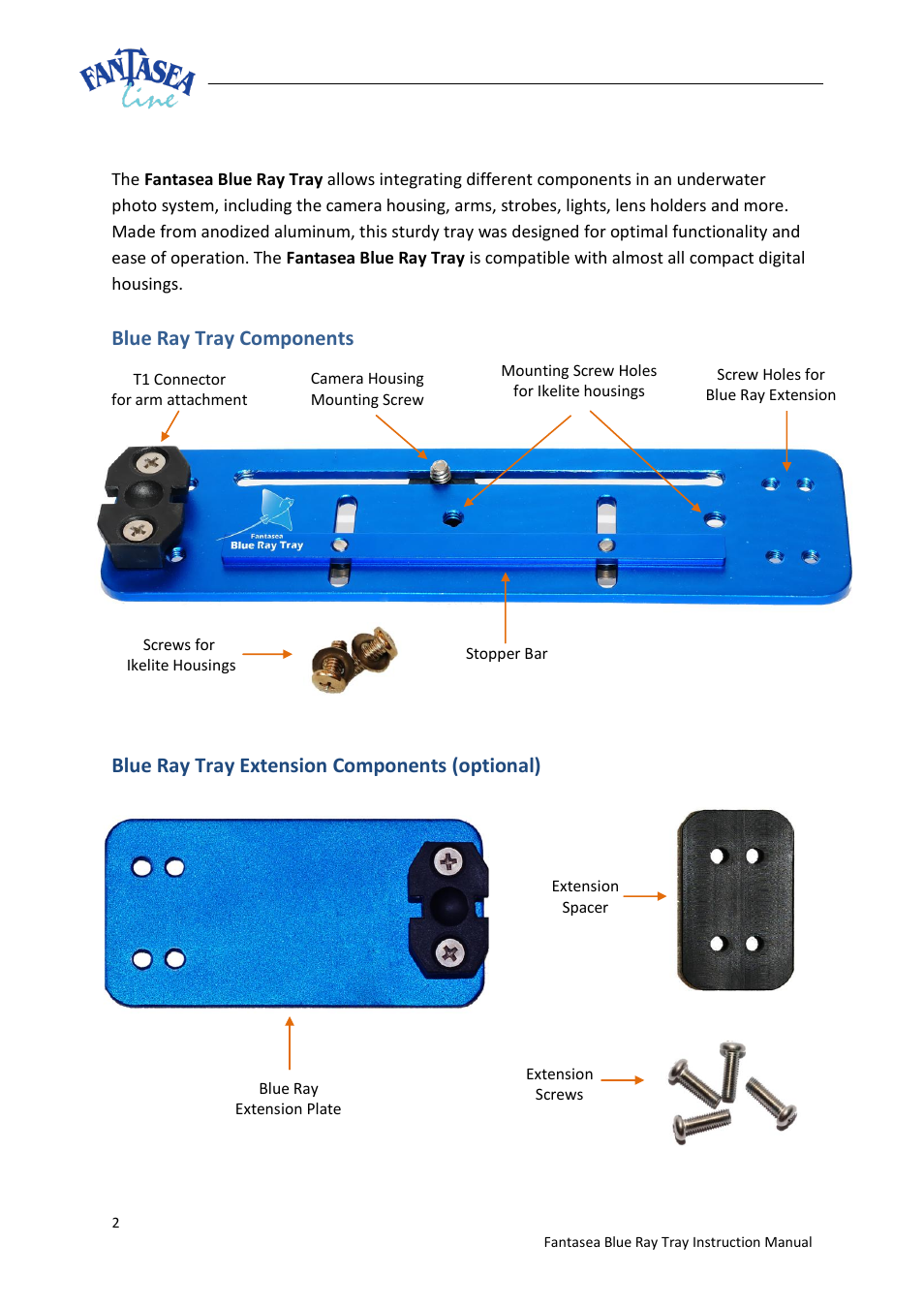 Blue ray tray components, Blue ray tray extension components (optional) | Fantasea Line Blue Ray Double Tray User Manual | Page 2 / 8