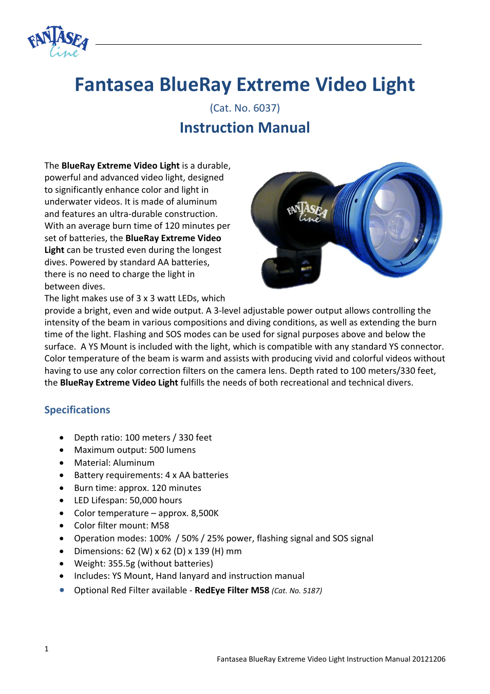 Fantasea Line BlueRay Extreme Video Light User Manual | 4 pages