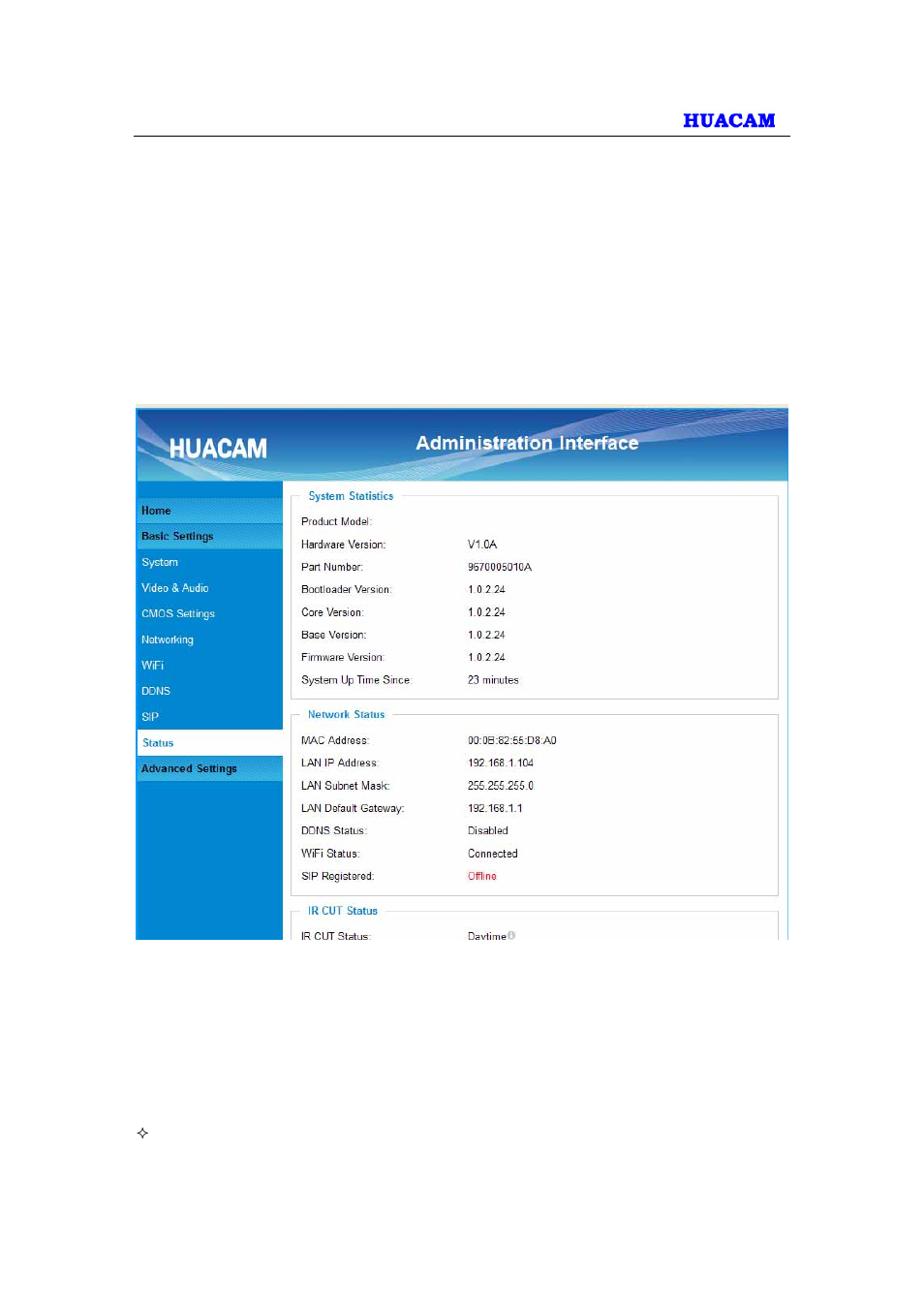 Status page | HUACAM HCV725 User Manual | Page 24 / 41