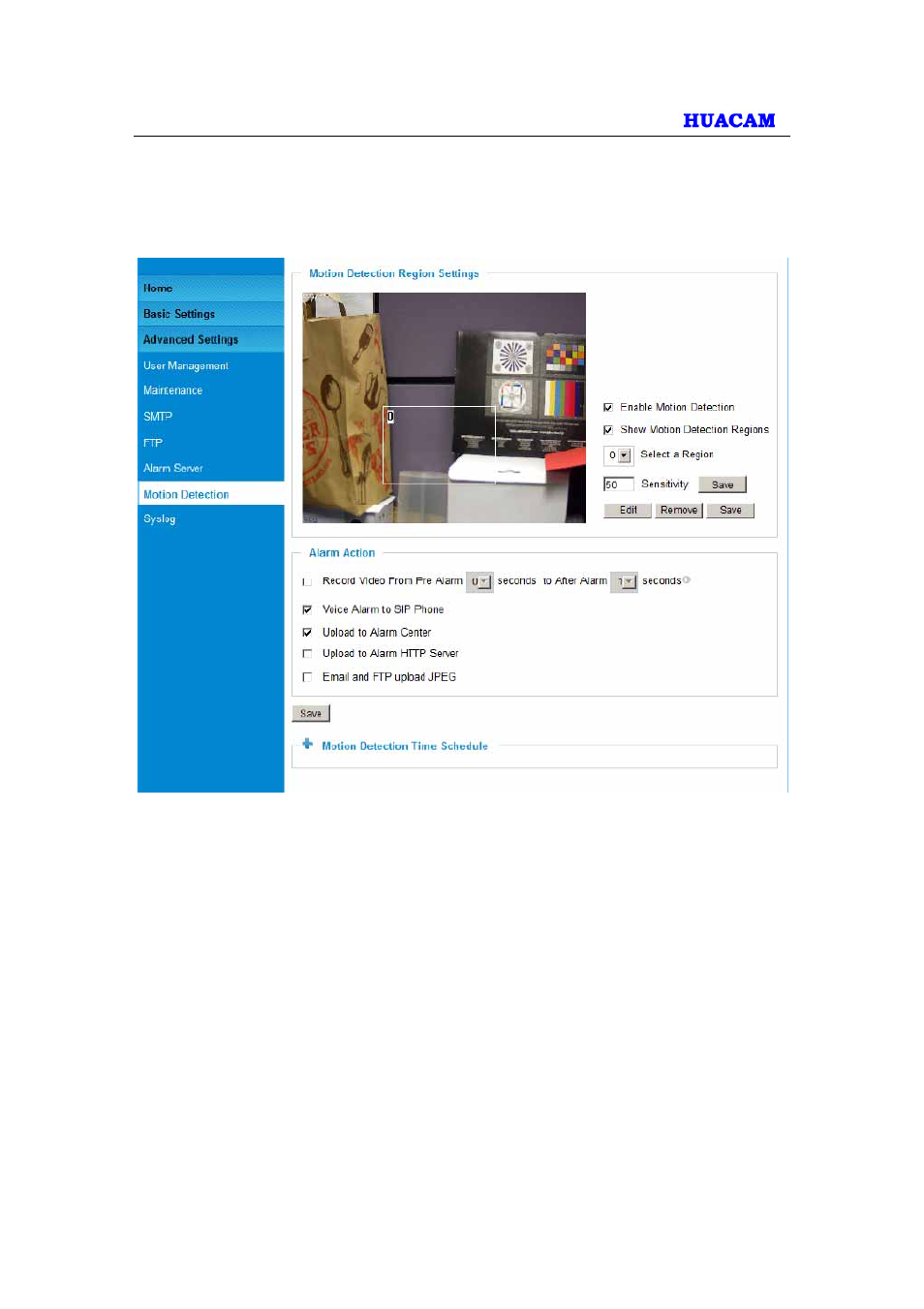 6 motion detection configuration page (set alarm) | HUACAM HCV724 User Manual | Page 32 / 43