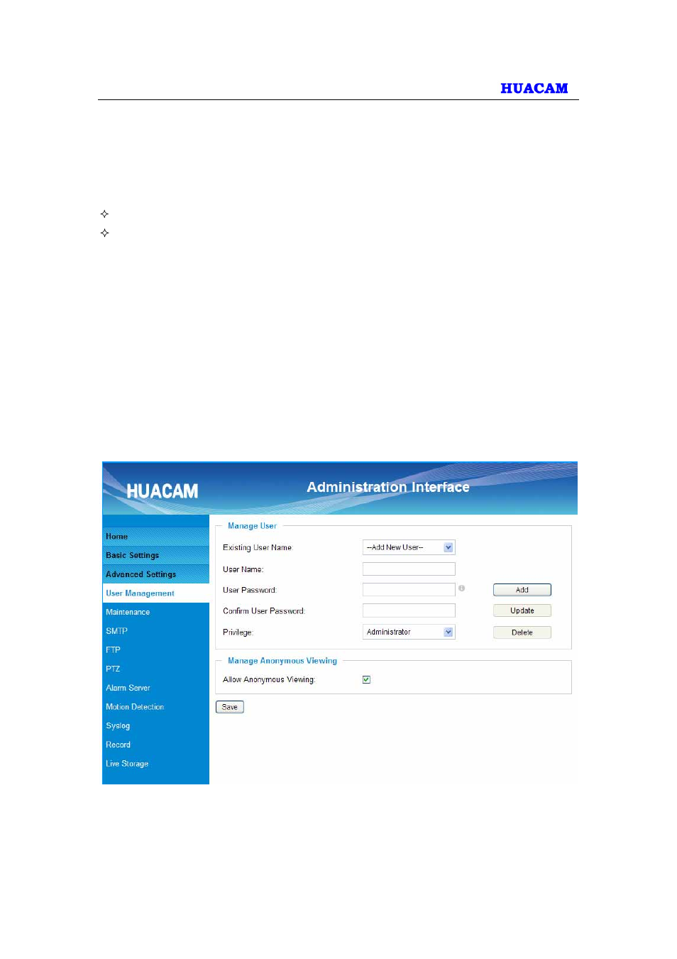 Advanced settings explanation, 1 user management page | HUACAM HCV704 User Manual | Page 26 / 44