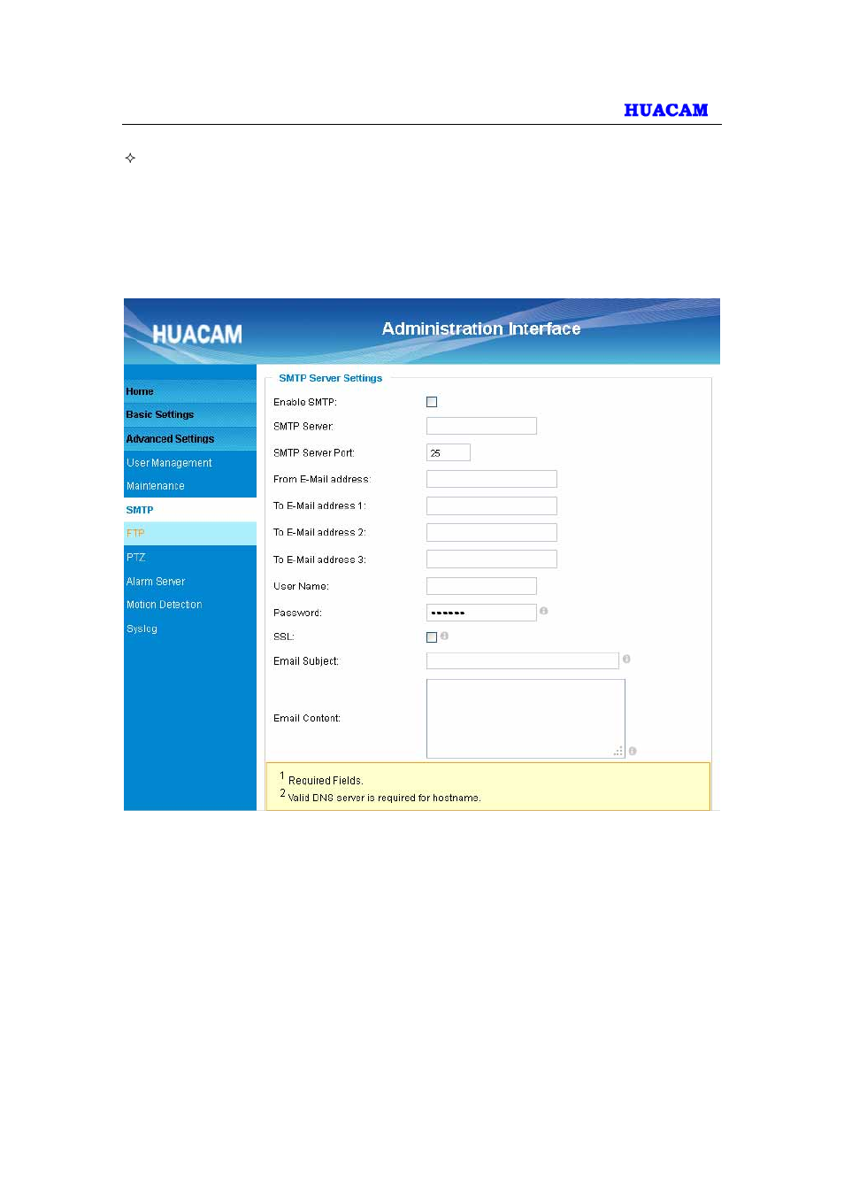 3 smtp setting page (email alarm) | HUACAM HCV203 User Manual | Page 26 / 38