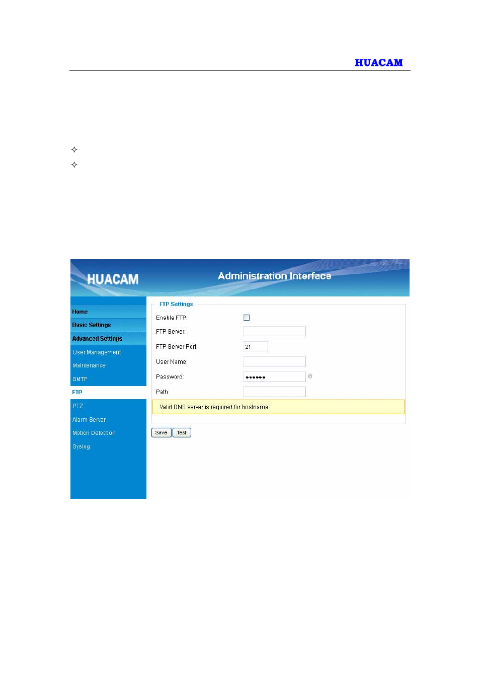 4 ftp settings page (upload alarm) | HUACAM HCV203 User Manual | Page 27 / 38