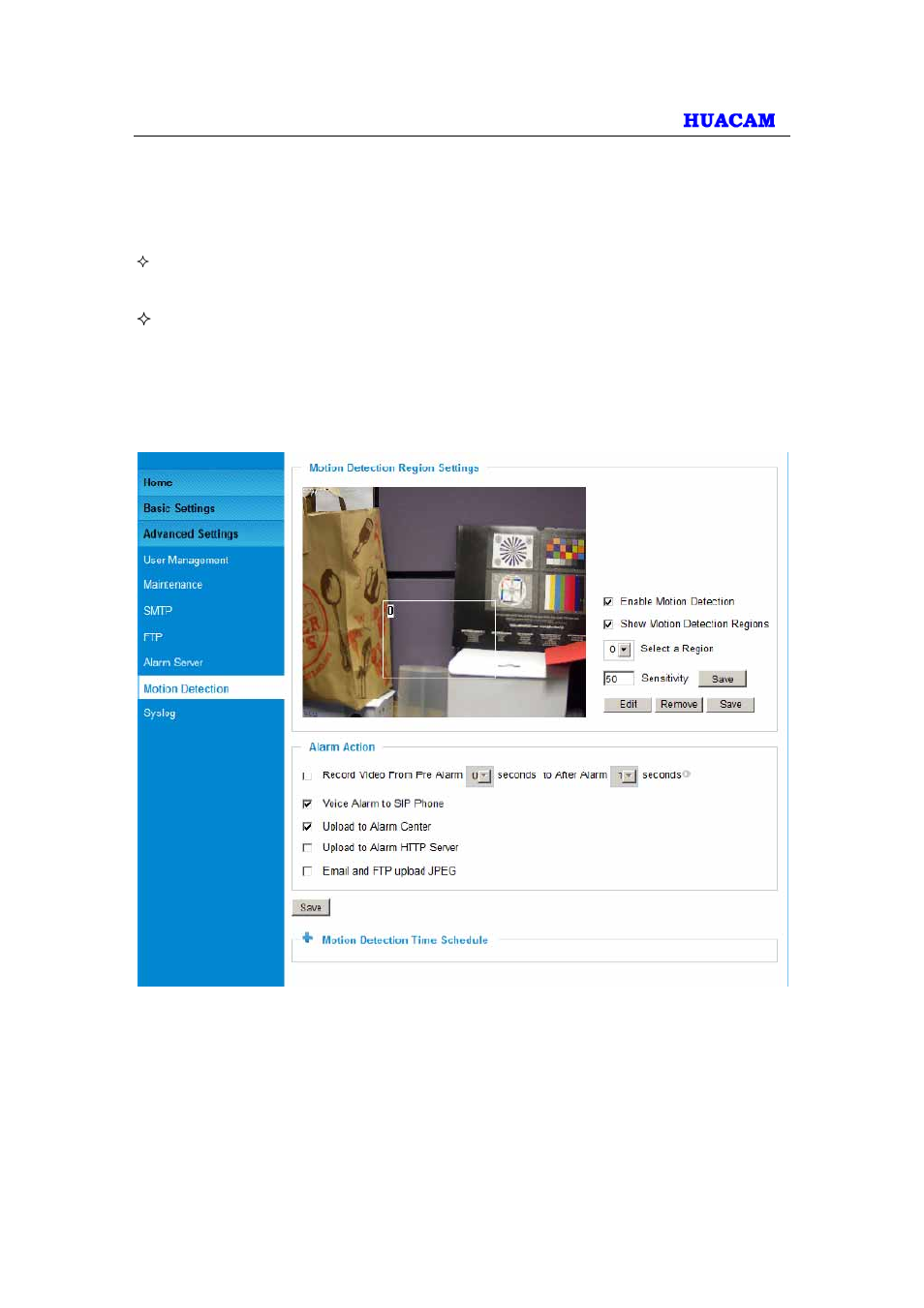 6 motion detection configuration page (set alarm) | HUACAM HCV203 User Manual | Page 29 / 38