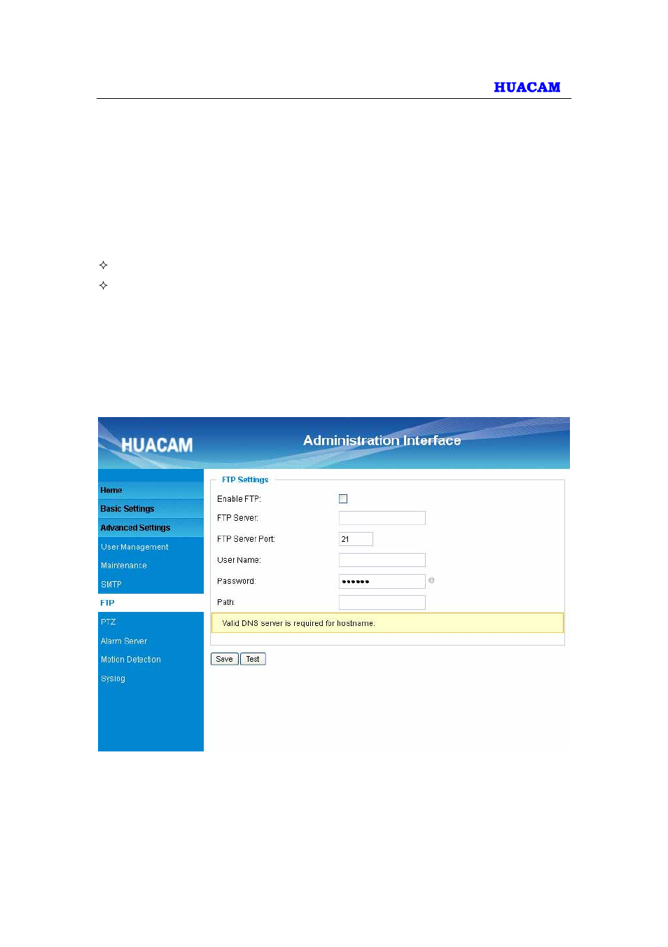 4 ftp settings page (upload alarm) | HUACAM HCV825 User Manual | Page 29 / 40