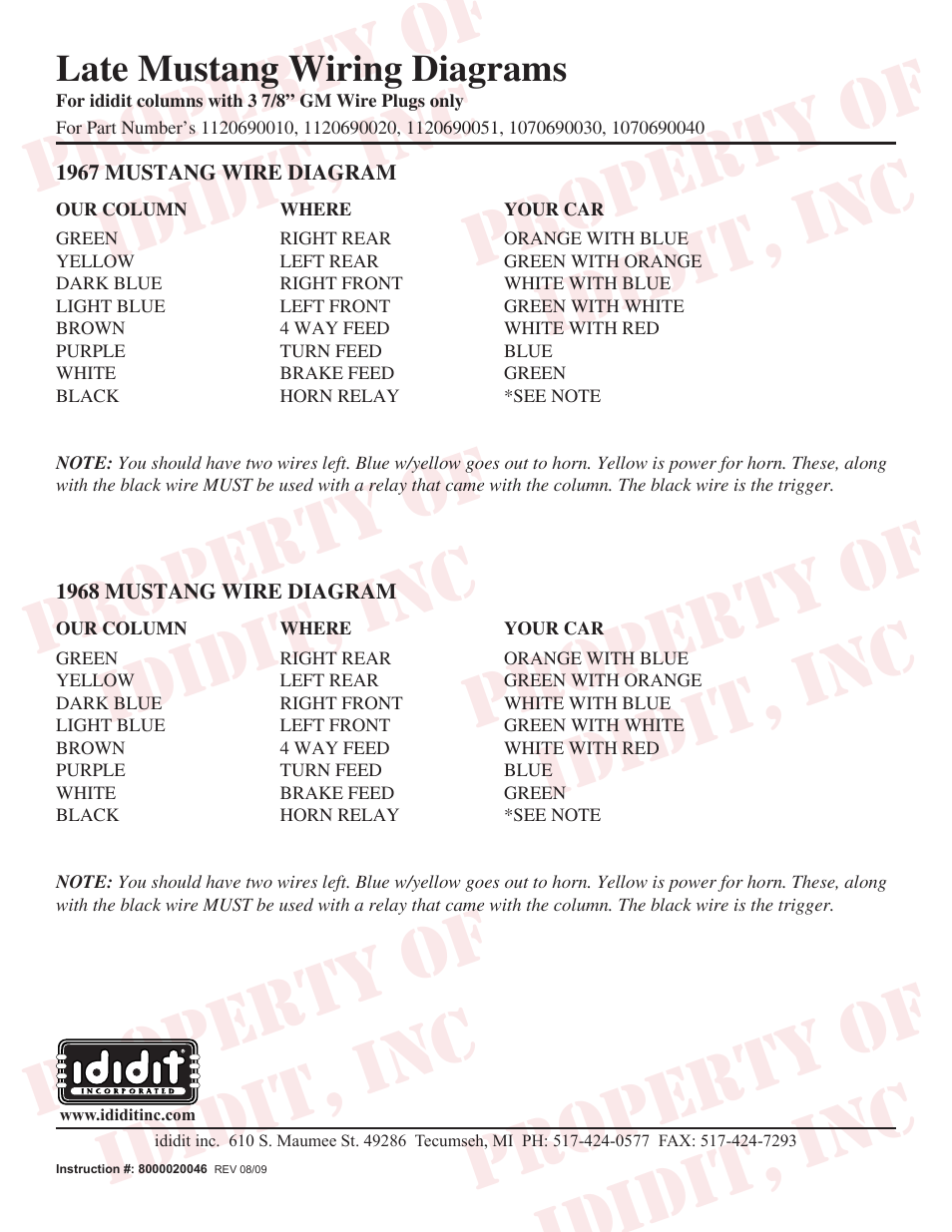 ididit Electrical: Late Mustang (1967-68) Wiring User Manual | 1 page