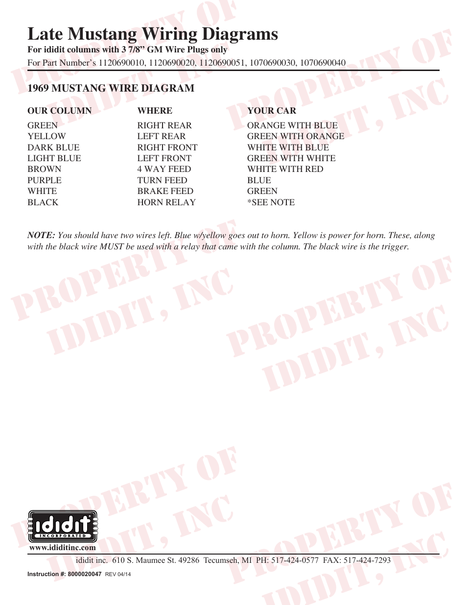 ididit Electrical: Late Mustang (1969) Wiring User Manual | 1 page