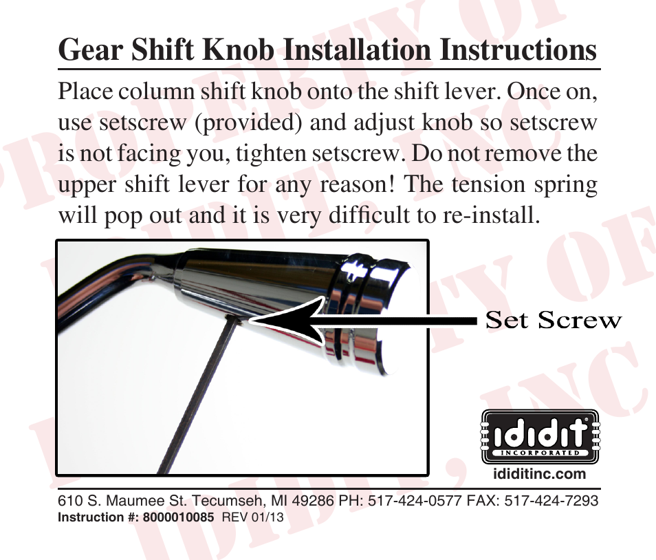 ididit Gear Shift Knob User Manual | 1 page