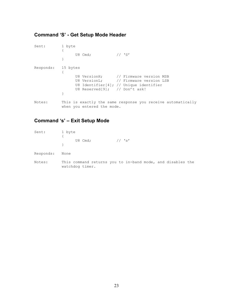 Command ‘s’ - get setup mode header, Command ‘s’ – exit setup mode | Innovate Motorsports OT-2 SDK User Manual | Page 23 / 76