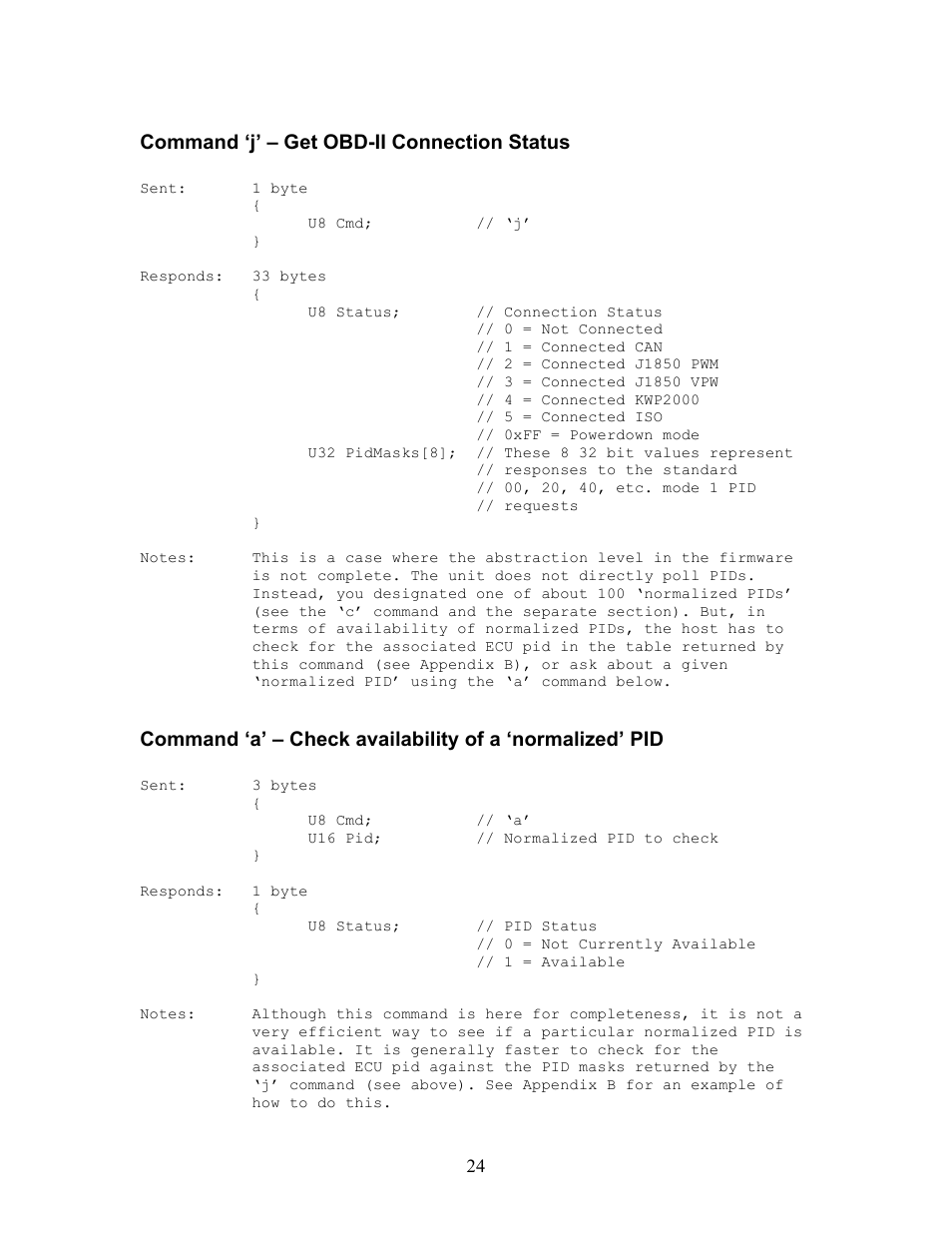 Command ‘j’ – get obd-ii connection status | Innovate Motorsports OT-2 SDK User Manual | Page 24 / 76