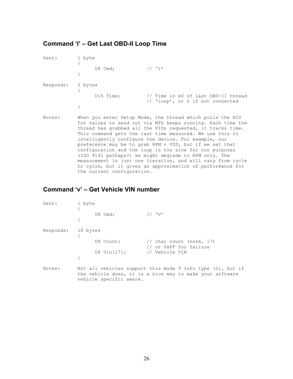 Command ‘l’ – get last obd-ii loop time, Command ‘v’ – get vehicle vin number | Innovate Motorsports OT-2 SDK User Manual | Page 26 / 76