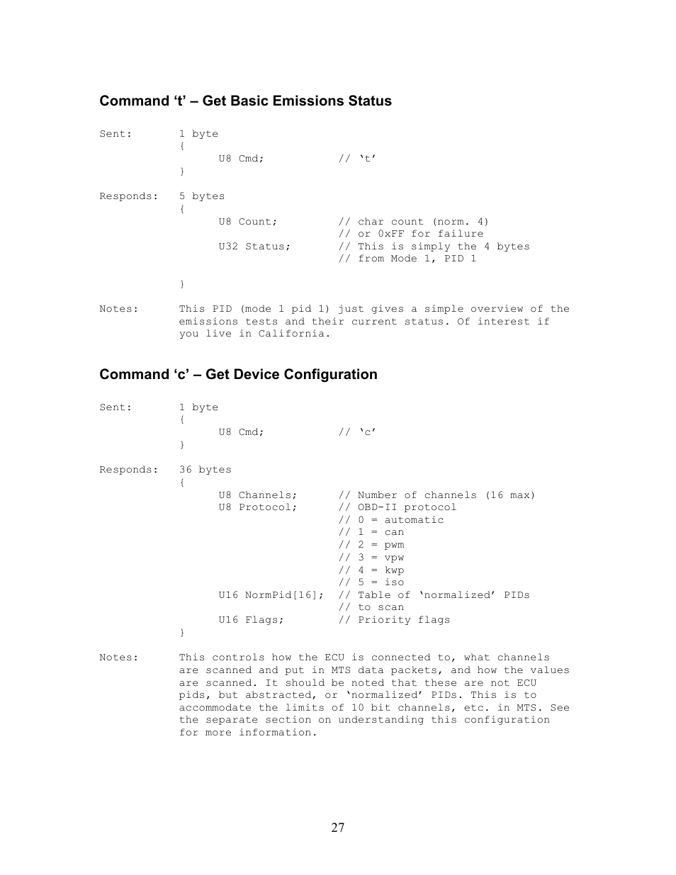 Command ‘t’ – get basic emissions status, Command ‘c’ – get device configuration | Innovate Motorsports OT-2 SDK User Manual | Page 27 / 76