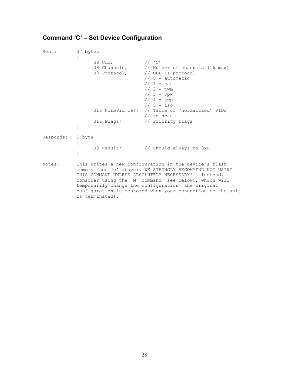 Command ‘c’ – set device configuration | Innovate Motorsports OT-2 SDK User Manual | Page 28 / 76