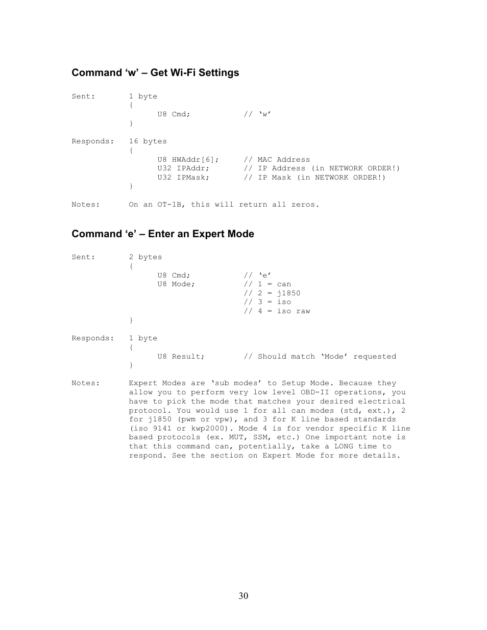 Command ‘w’ – get wi-fi settings, Command ‘e’ – enter an expert mode | Innovate Motorsports OT-2 SDK User Manual | Page 30 / 76