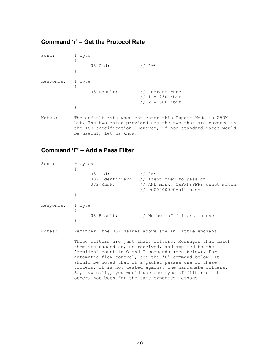 Command ‘r’ – get the protocol rate, Command ‘f’ – add a pass filter | Innovate Motorsports OT-2 SDK User Manual | Page 40 / 76